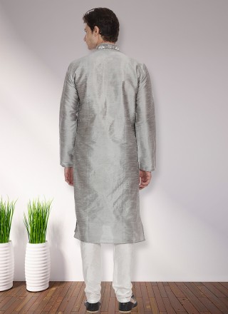 Patchwork Art Dupion Silk Kurta Pyjama in Grey
