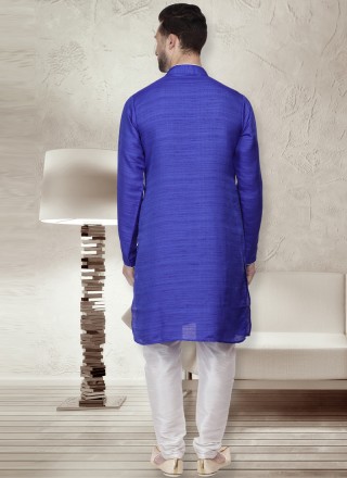Patchwork Bhagalpuri Silk Kurta Pyjama in Blue