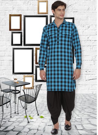 Patchwork Cotton Kurta Pyjama in Aqua Blue
