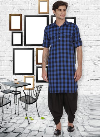 Patchwork Cotton Kurta Pyjama in Blue