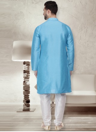 Patchwork Dupion Silk Kurta Pyjama in Blue