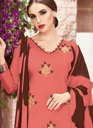 Peach Embroidered Cotton Churidar Suit