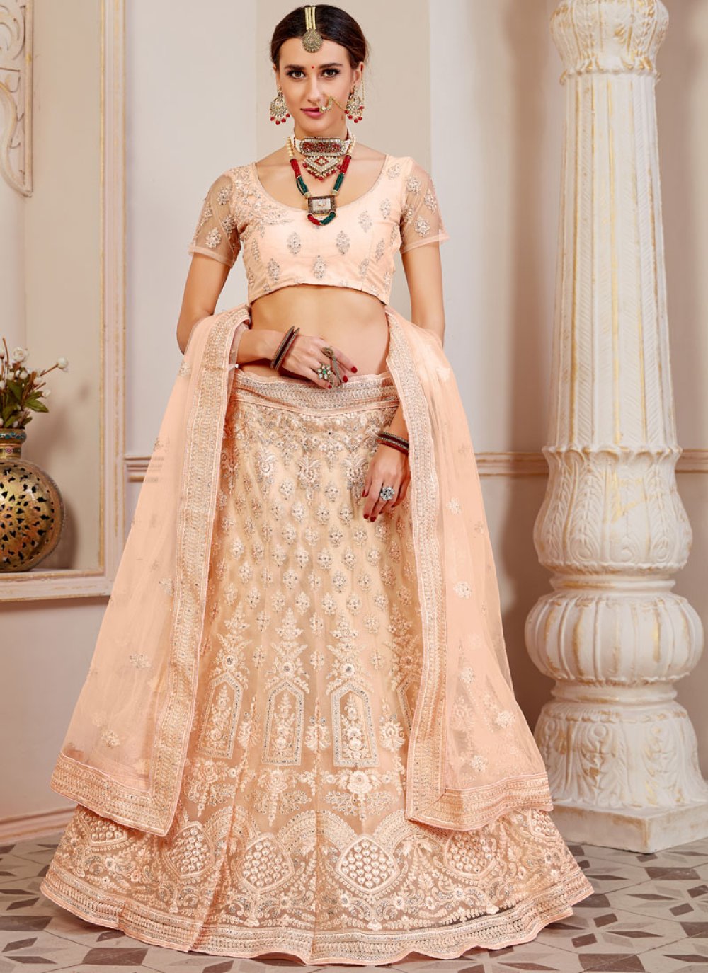 Light Gray & Peach Designer Heavy Embroidered Silk Wedding Lehenga |  Saira's Boutique