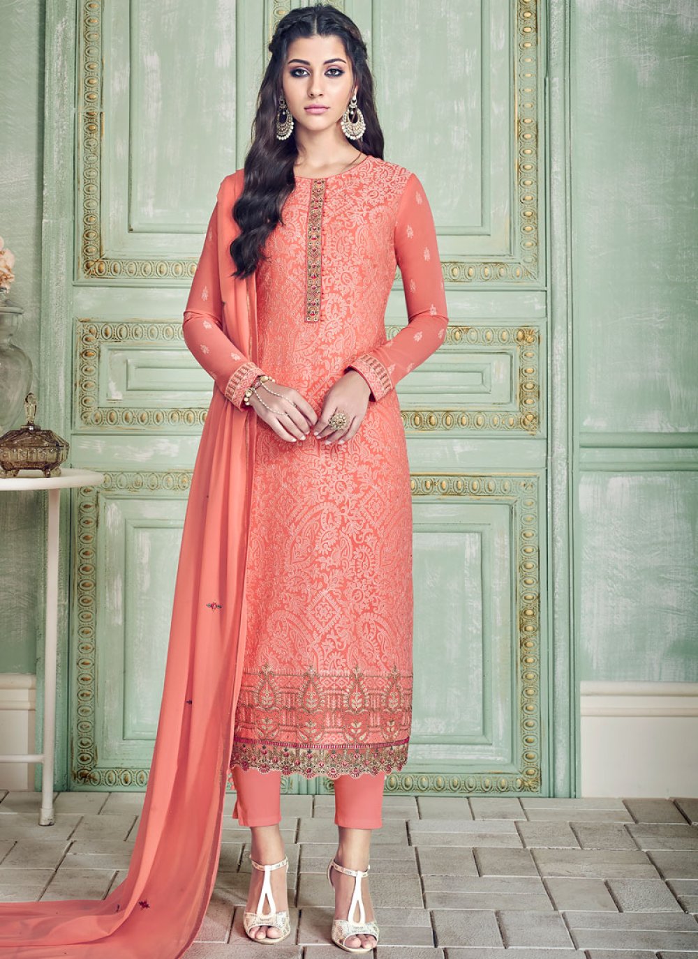 Peach Party Pure Georgette Pant Style Suit