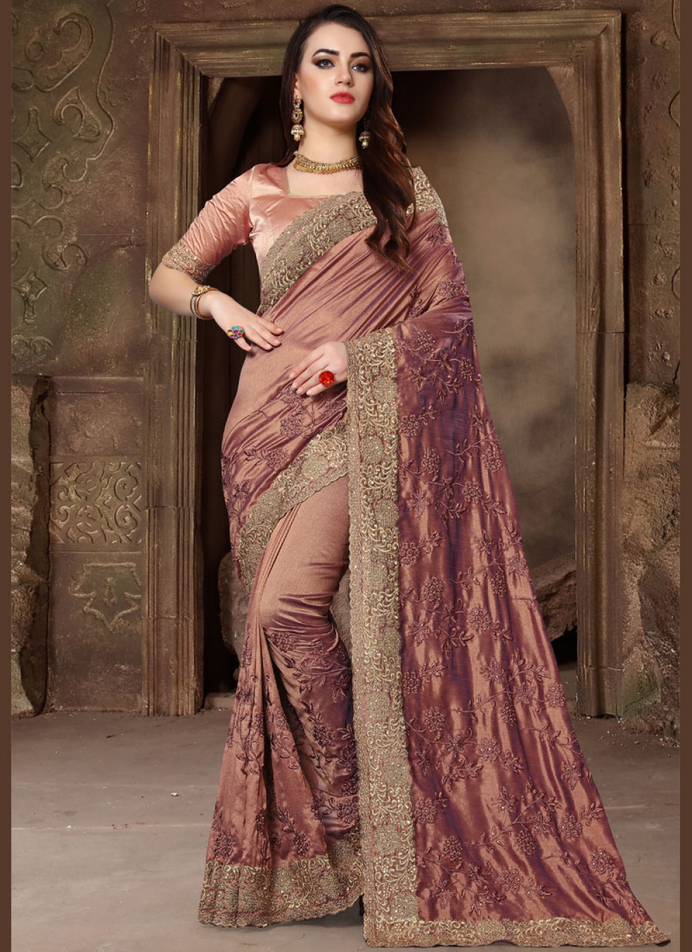 Marvellous Tan & Pink Colour Designer Georgette Patch Work Designer Saree  With Blouse Piece – Lady India