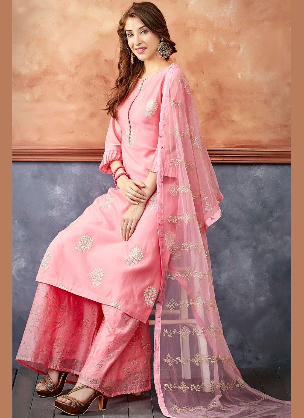 Pink Chanderi Readymade Suit
