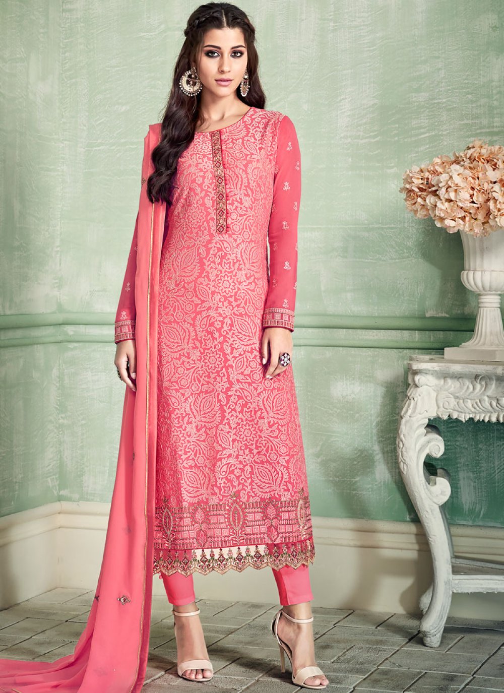 Pink Embroidered Pure Georgette Pant Style Suit