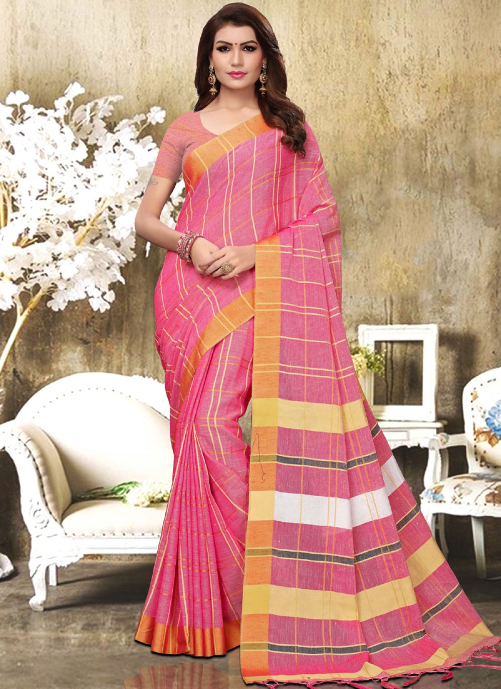 Pink Linen Casual Printed Saree
