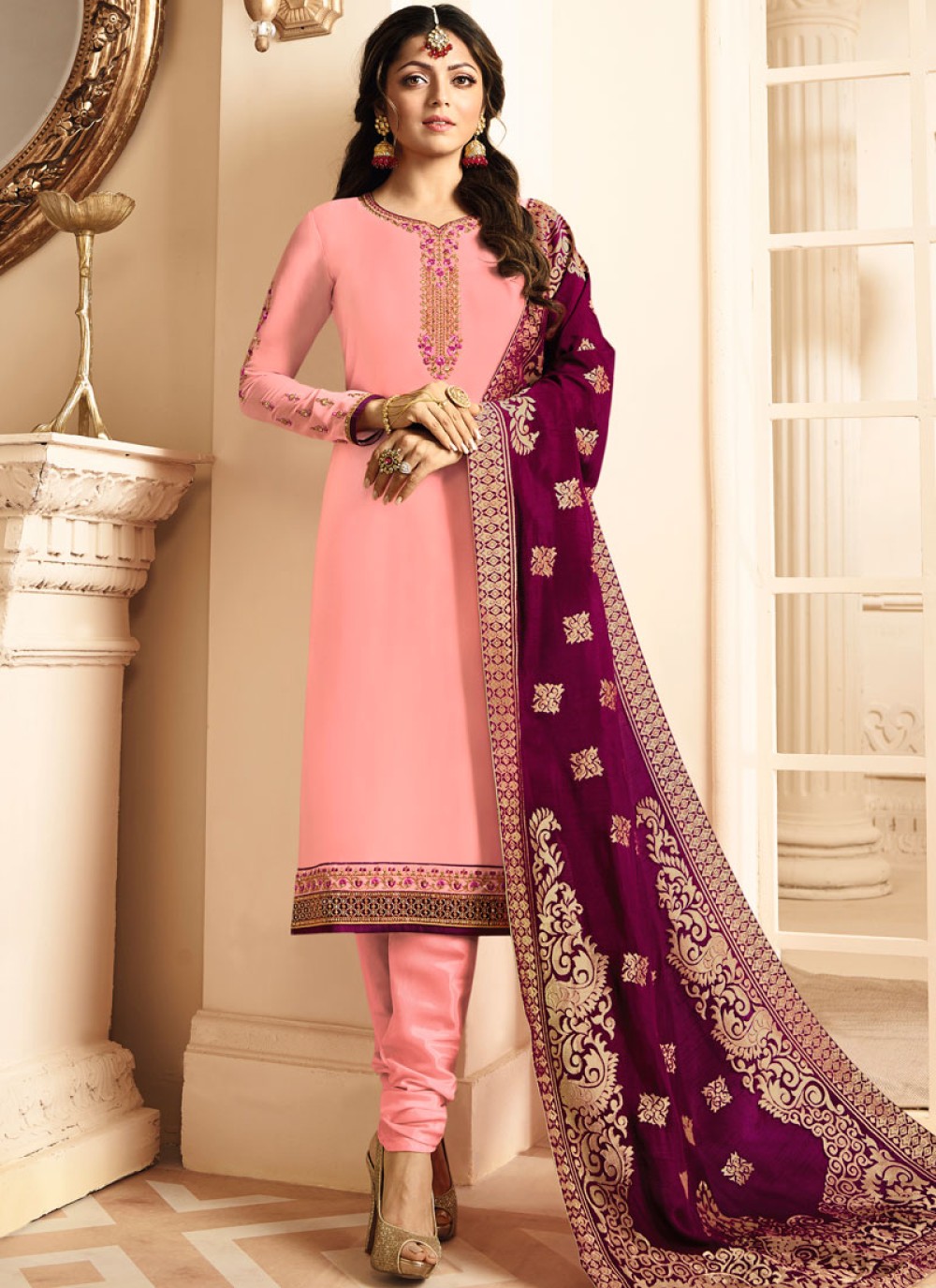 Pink Resham Satin Churidar Designer Suit