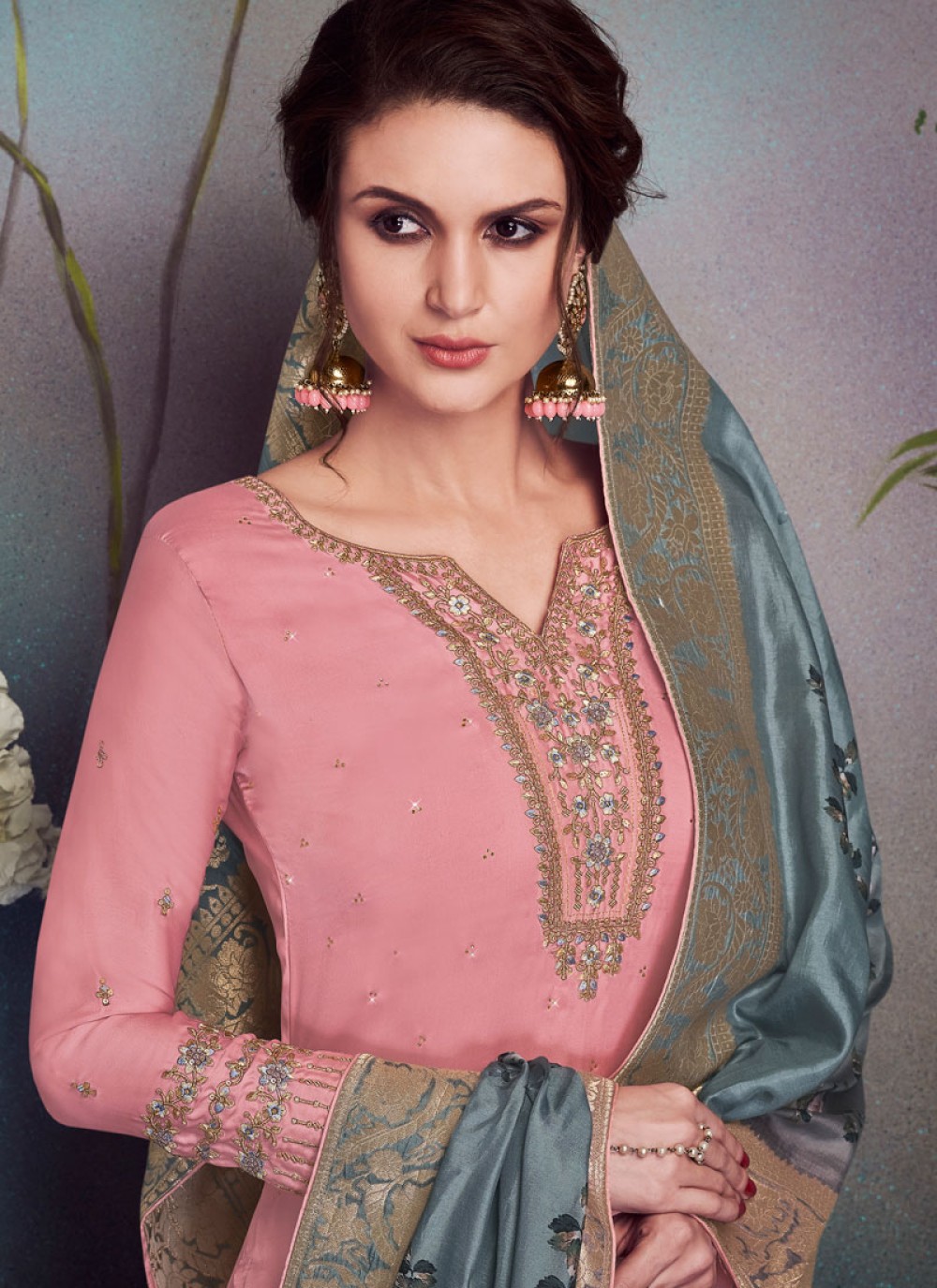 Buy Pink Swarovski Georgette Satin Pakistani Salwar Kameez : 130821