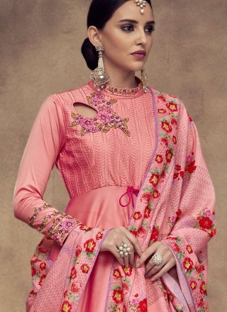 Pink Tafeta Silk Readymade Anarkali Suit