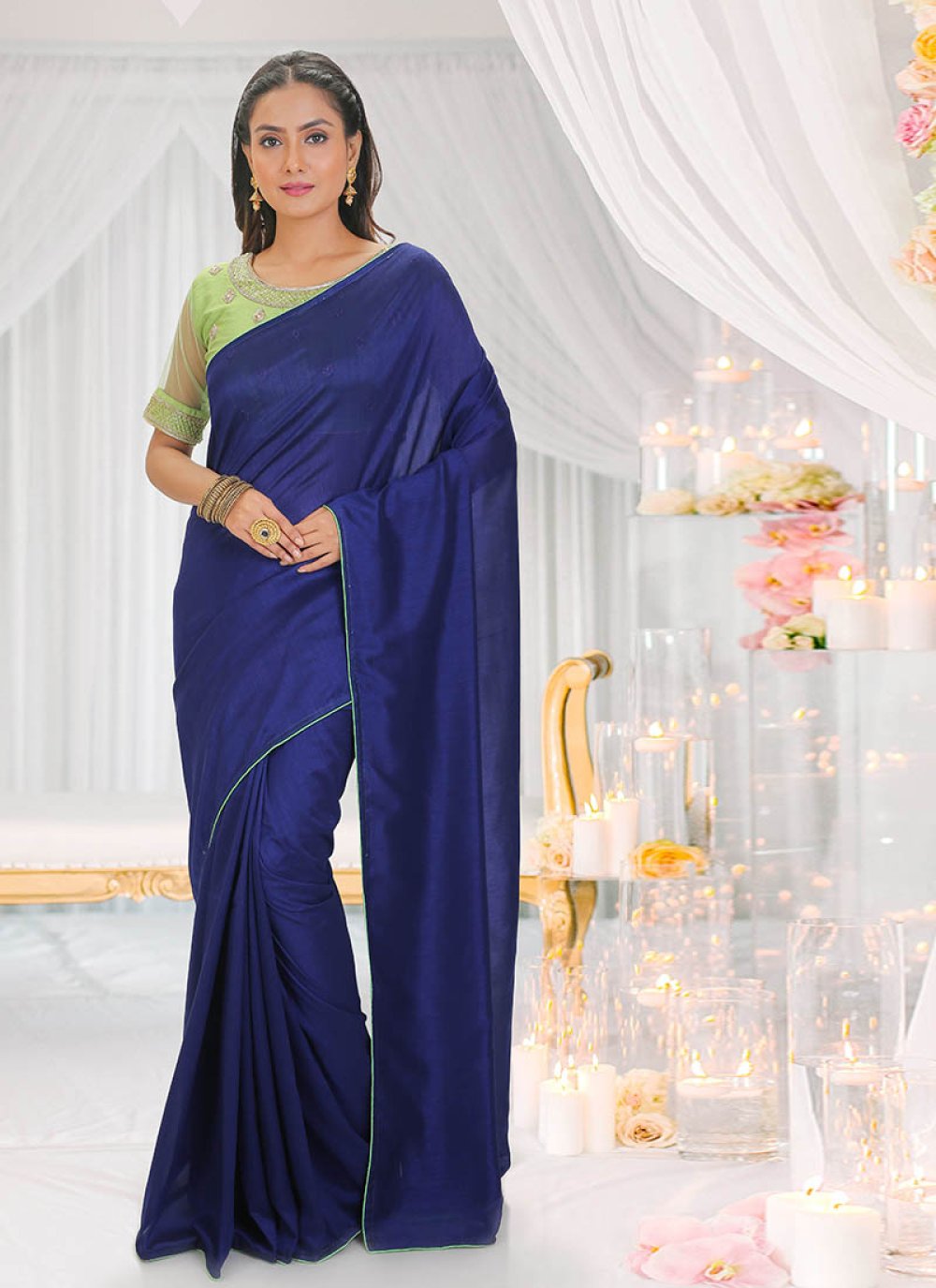 Blue Crepe Saree With Stone Embellished Chevron Patterns at Soch