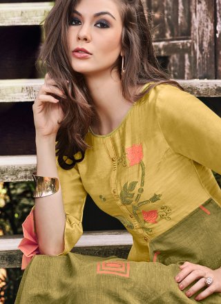 Print Fancy Fabric Party Wear Kurti in Green and Mustard