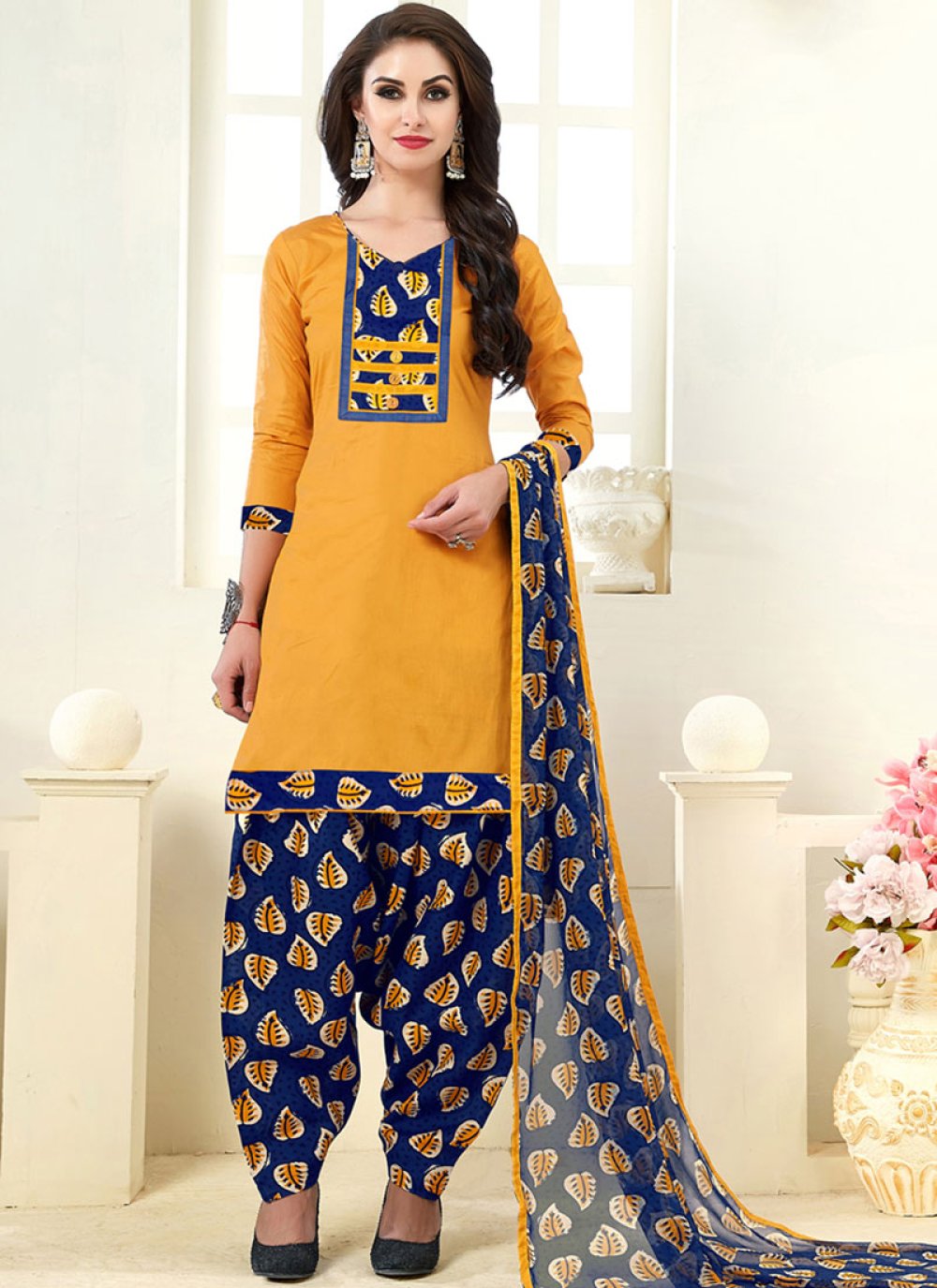 Buy Print Mustard Cotton Punjabi Suit 99688