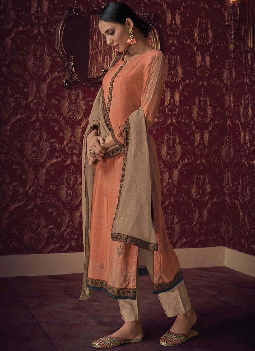 Print Orange Designer Pakistani Suit 