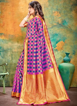 Printed Blue and Pink Art Banarasi Silk Printed Saree