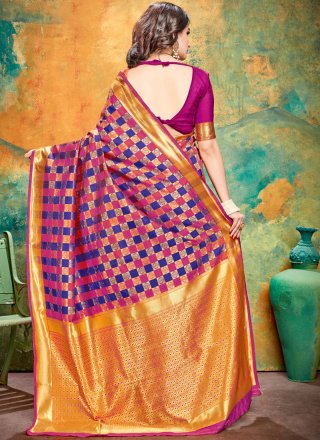 Printed Blue and Pink Art Banarasi Silk Printed Saree