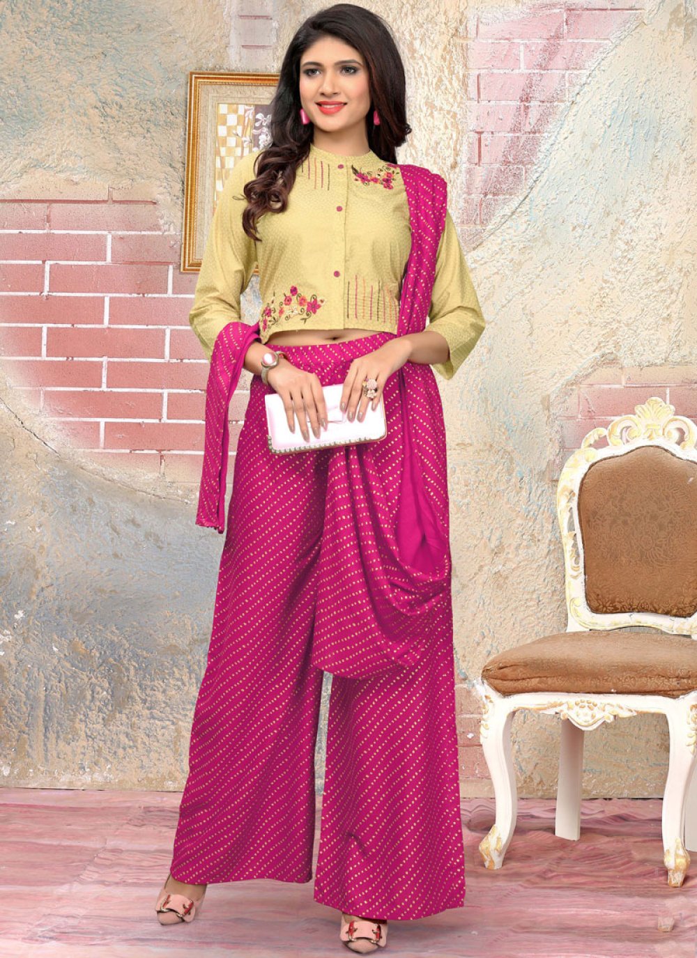 Buy Jaipur Kurti Pink  Yellow Embroidered Kurta With Palazzo Trousers   Kurta Sets for Women 1553128  Myntra