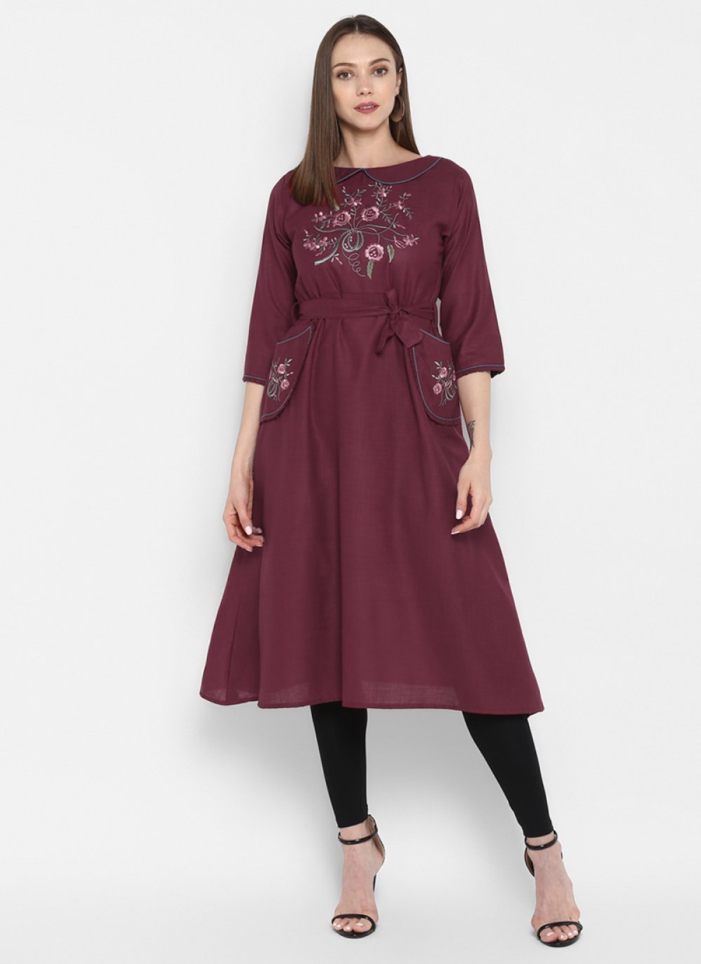 Buy Printed Cotton Designer Kurti in Wine 129945