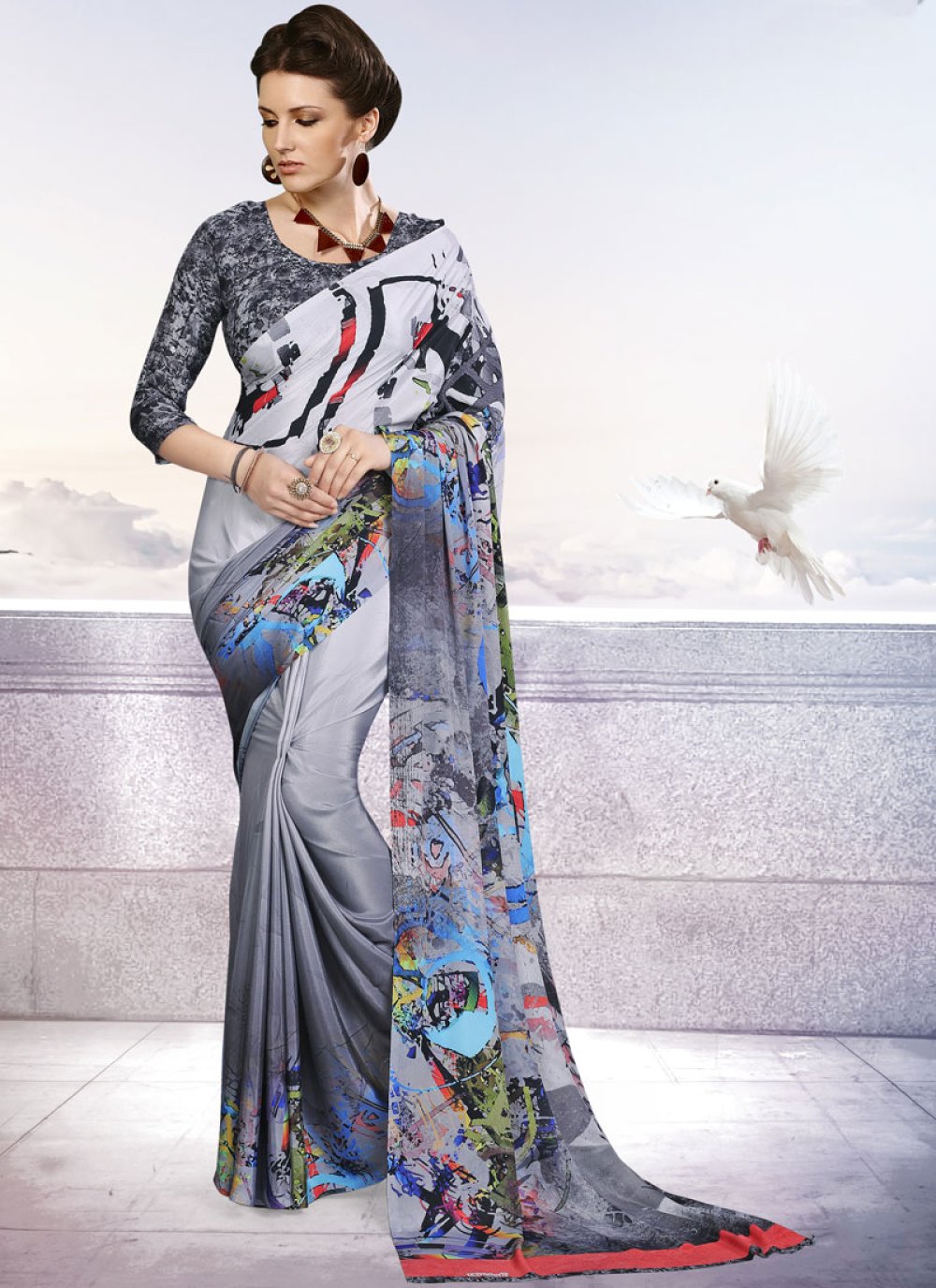 Printed Crepe Silk Grey Trendy Saree