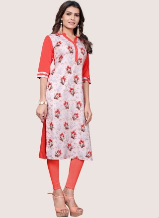 Printed Faux Crepe Casual Kurti in Off White