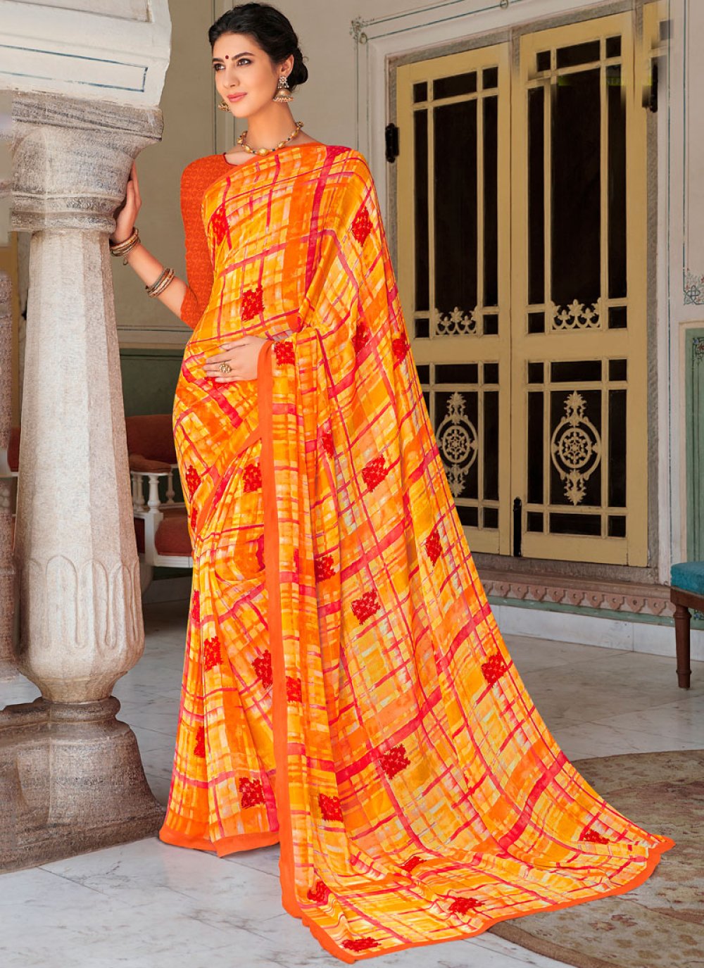 Printed Orange and Red Georgette Casual Saree