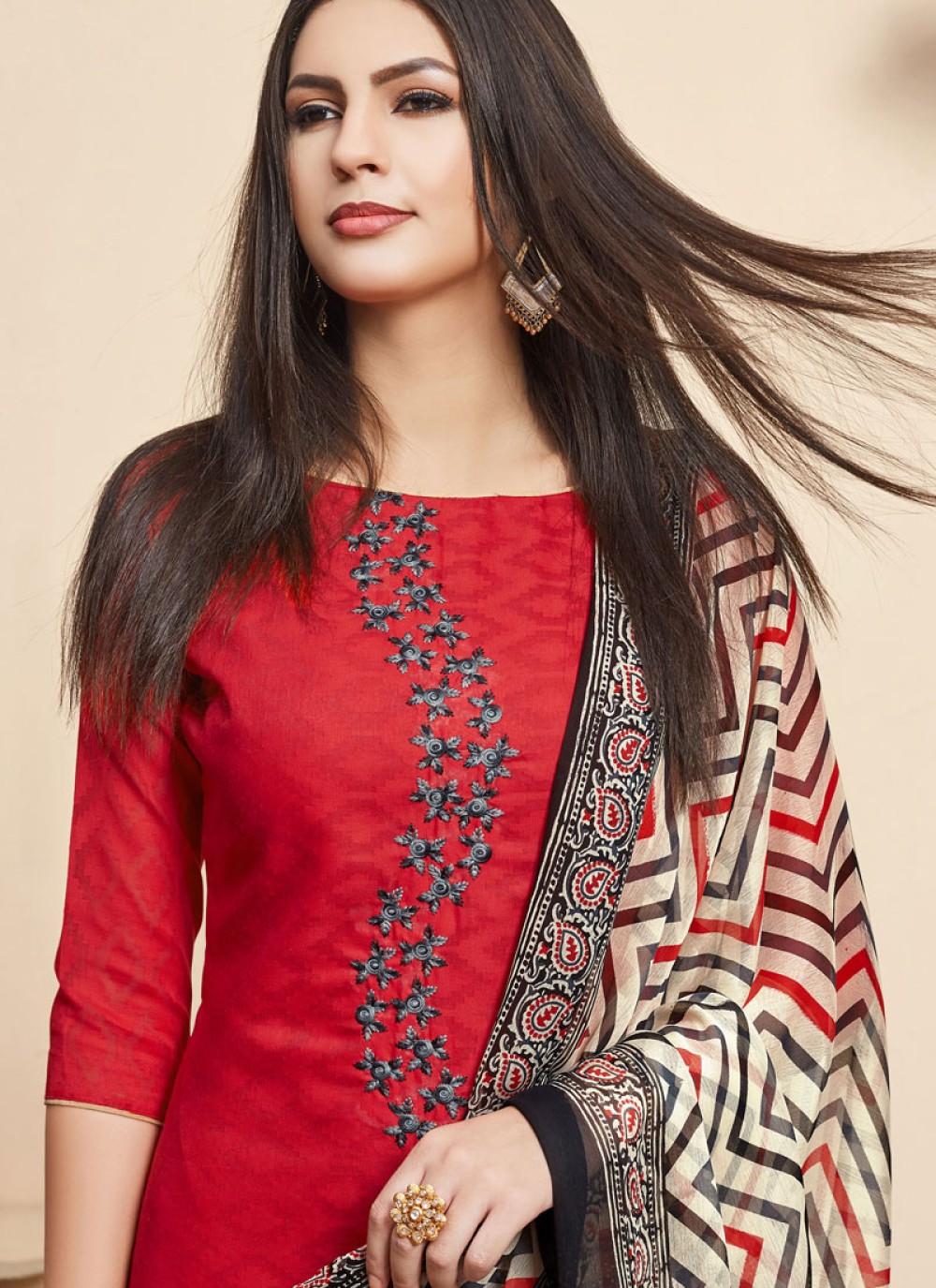 Shop Printed Red Cotton Churidar Designer Suit Online : 123725 -