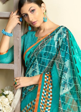 Printed Turquoise Faux Georgette Casual Saree