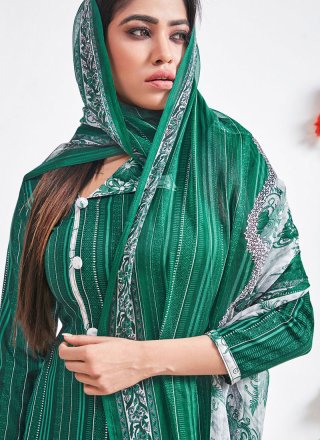 Punjabi Suit Abstract Print Faux Crepe in Green