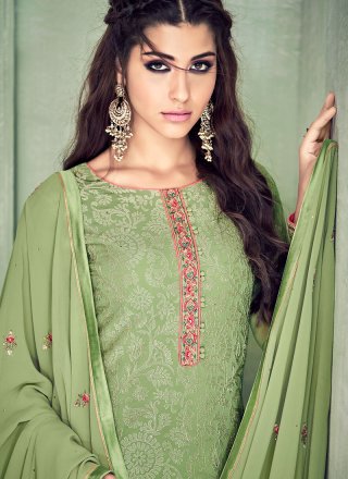 Pure Georgette Embroidered Green Pant Style Suit