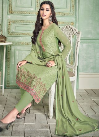 Pure Georgette Embroidered Green Pant Style Suit