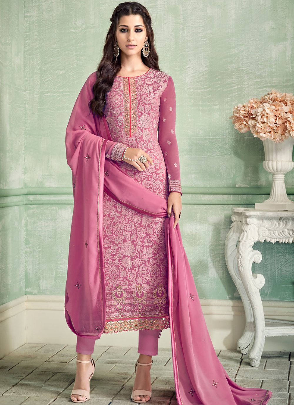 Pure Georgette Hot Pink Embroidered Pant Style Suit