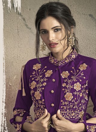 Purple Embroidered Tafeta Silk Designer Gown