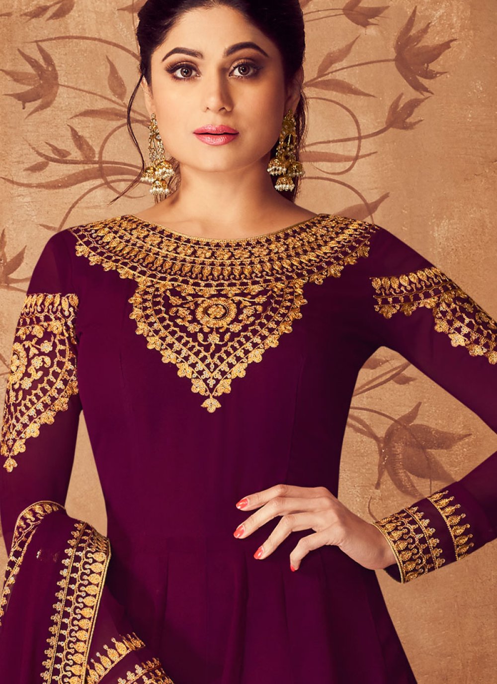 Shop Online Purple Embroidered Wedding Anarkali Salwar Kameez : 120592