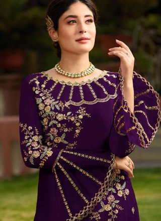 Purple Faux Georgette Embroidered Pant Style Suit