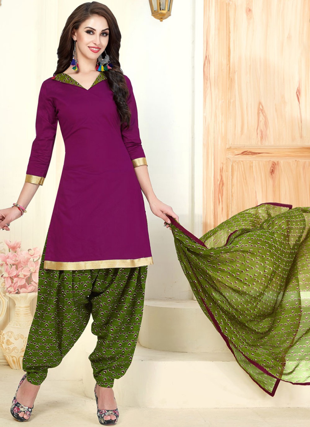 Buy Purple Lace Cotton Punjabi Suit Online 99613 - Main Image