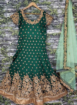 Raw Silk Floor Length Anarkali Suit in Green