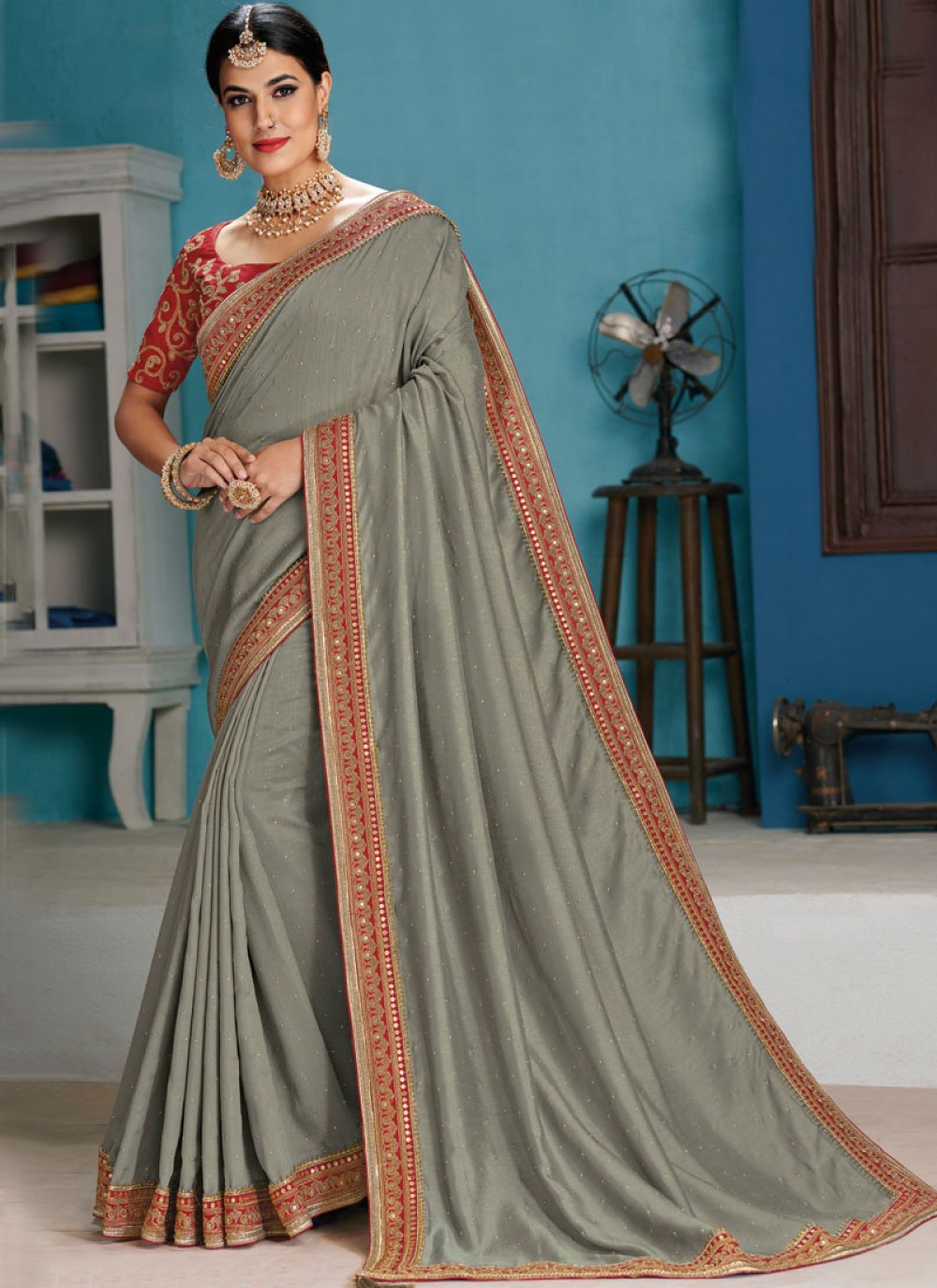 Raw Silk Patch Border Grey Designer Traditional Saree