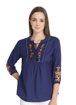 Rayon Embroidered Navy Blue Casual Kurti