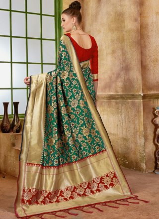 Red and Sea Green Party Art Silk Designer Traditional Saree