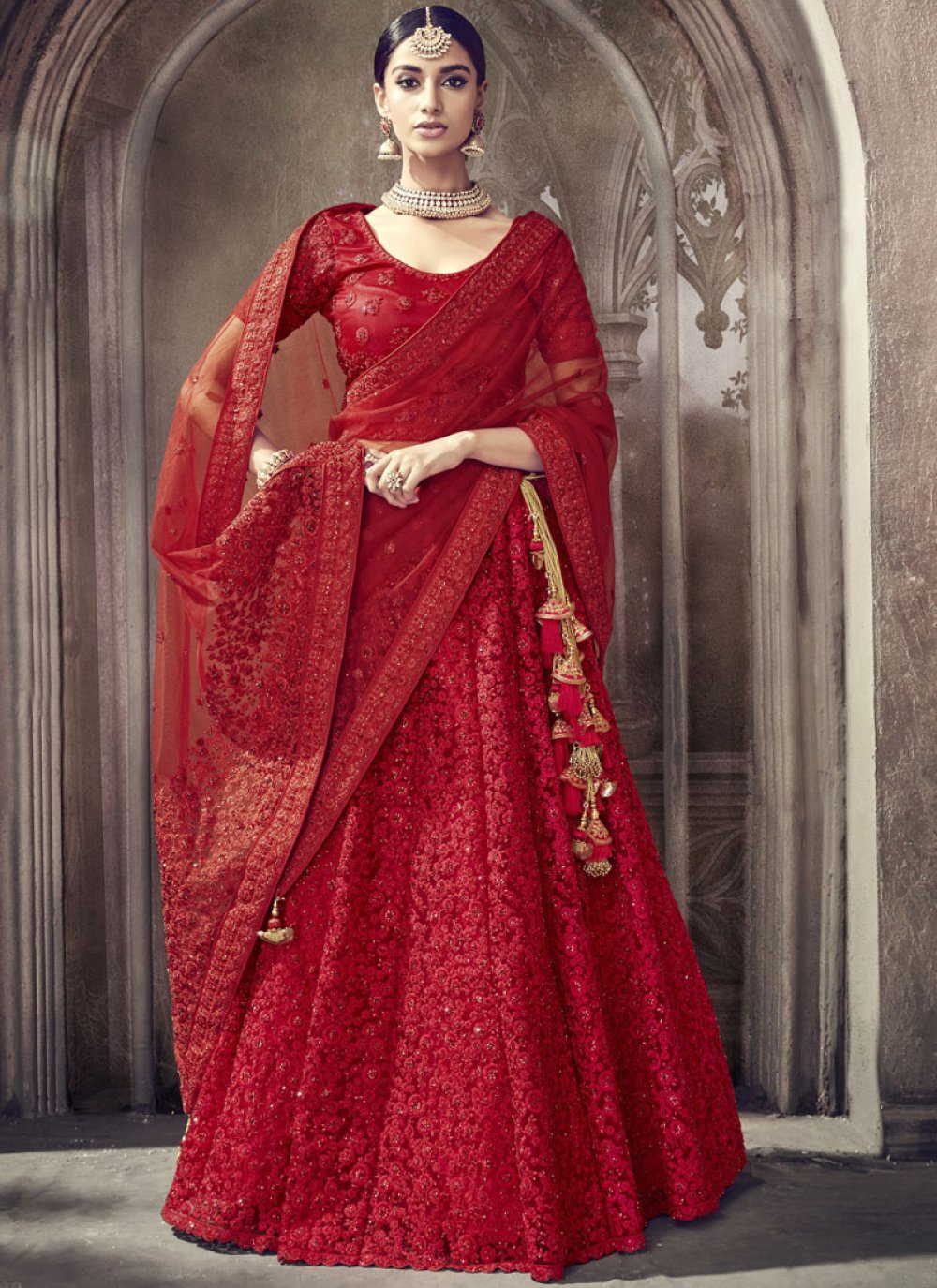 Gold bridal Lehenga with red shawl – Ricco India