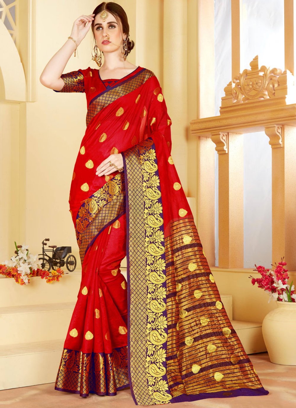 Buy Online Red Chanderi Traditional Saree : 111566