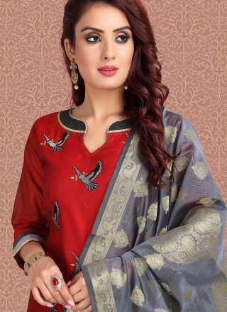 Red Embroidered Banarasi Silk Churidar Salwar Suit