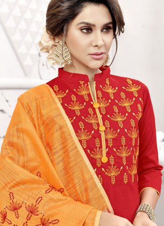 Red Embroidered Churidar Suit