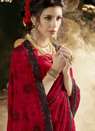 Red Embroidered Faux Georgette Classic Saree