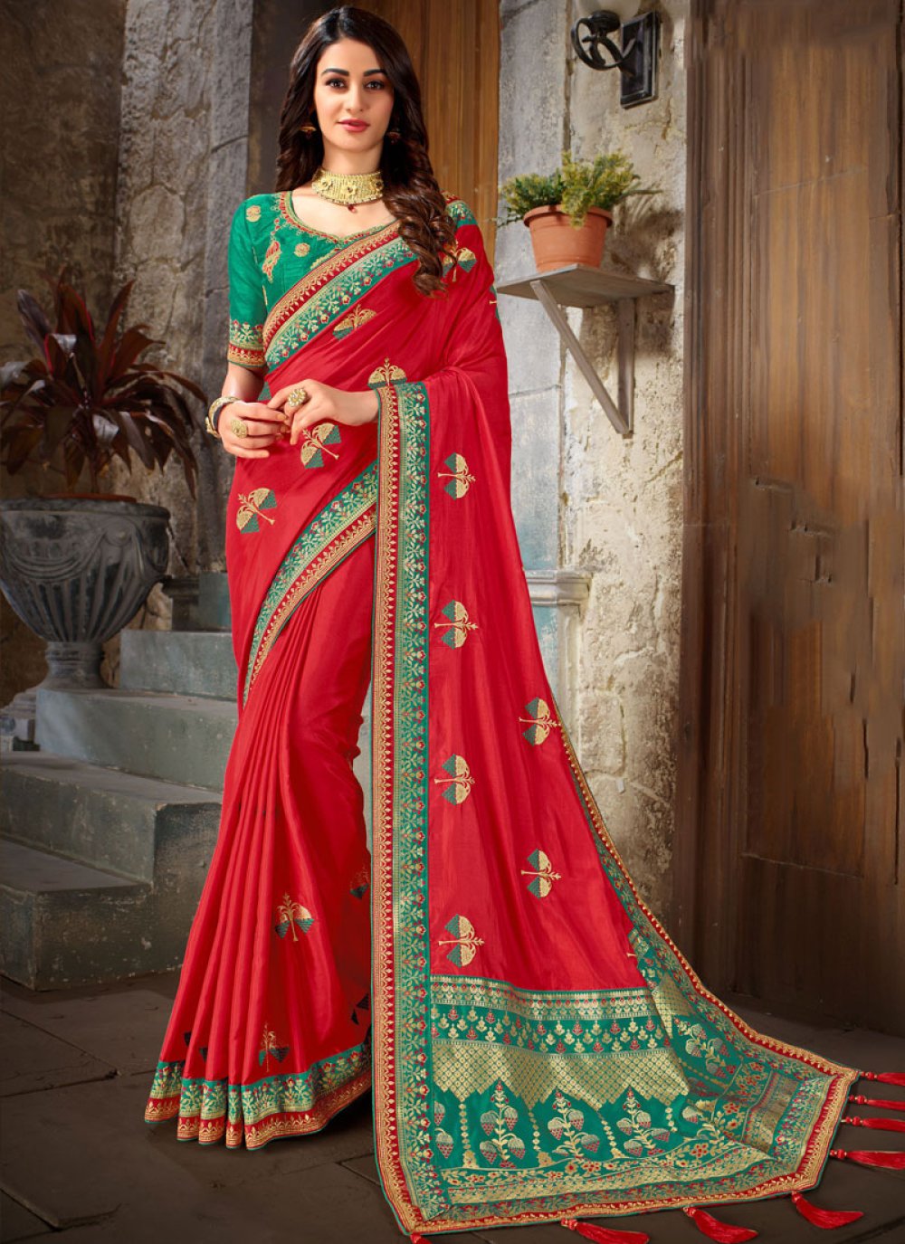 Red Embroidered Festival Trendy Saree