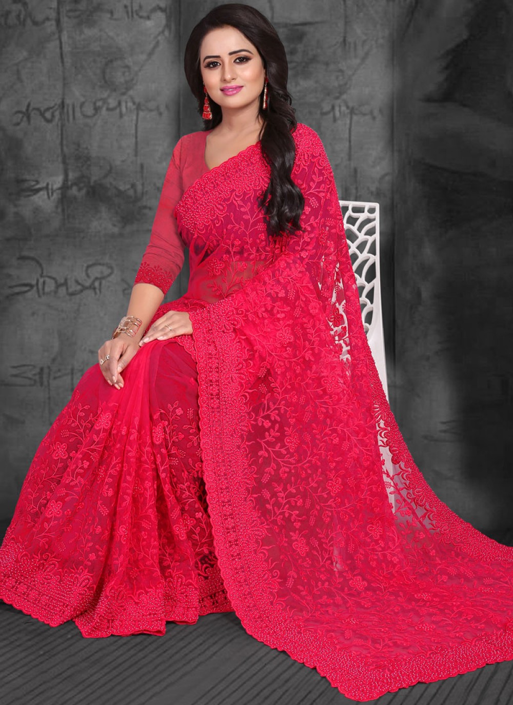 Buy Red Embroidered Net Classic Saree : 111833