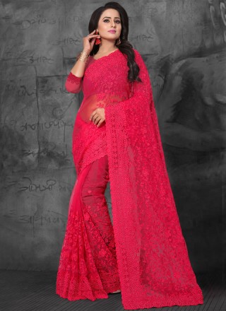 Red Embroidered Net Classic Saree
