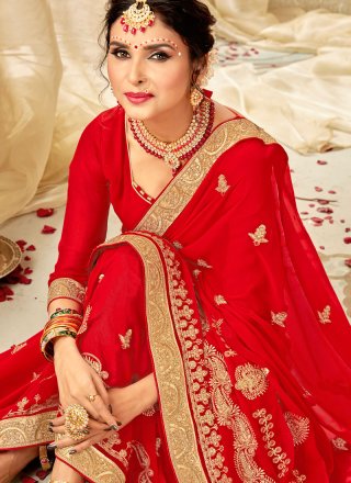 Red Embroidered Party Saree
