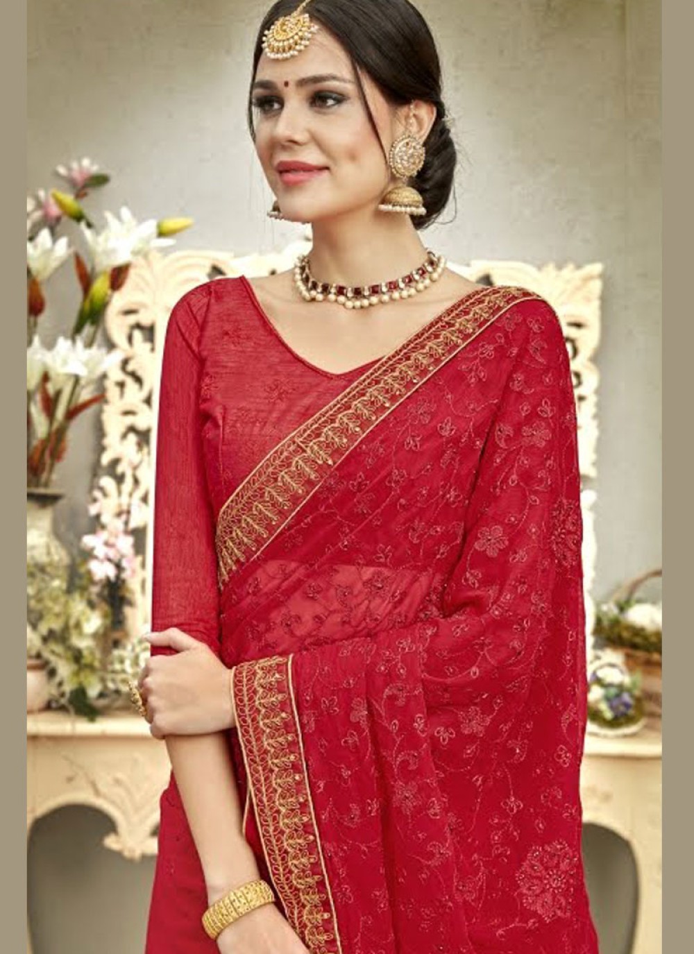 Buy Red Embroidered Saree Online